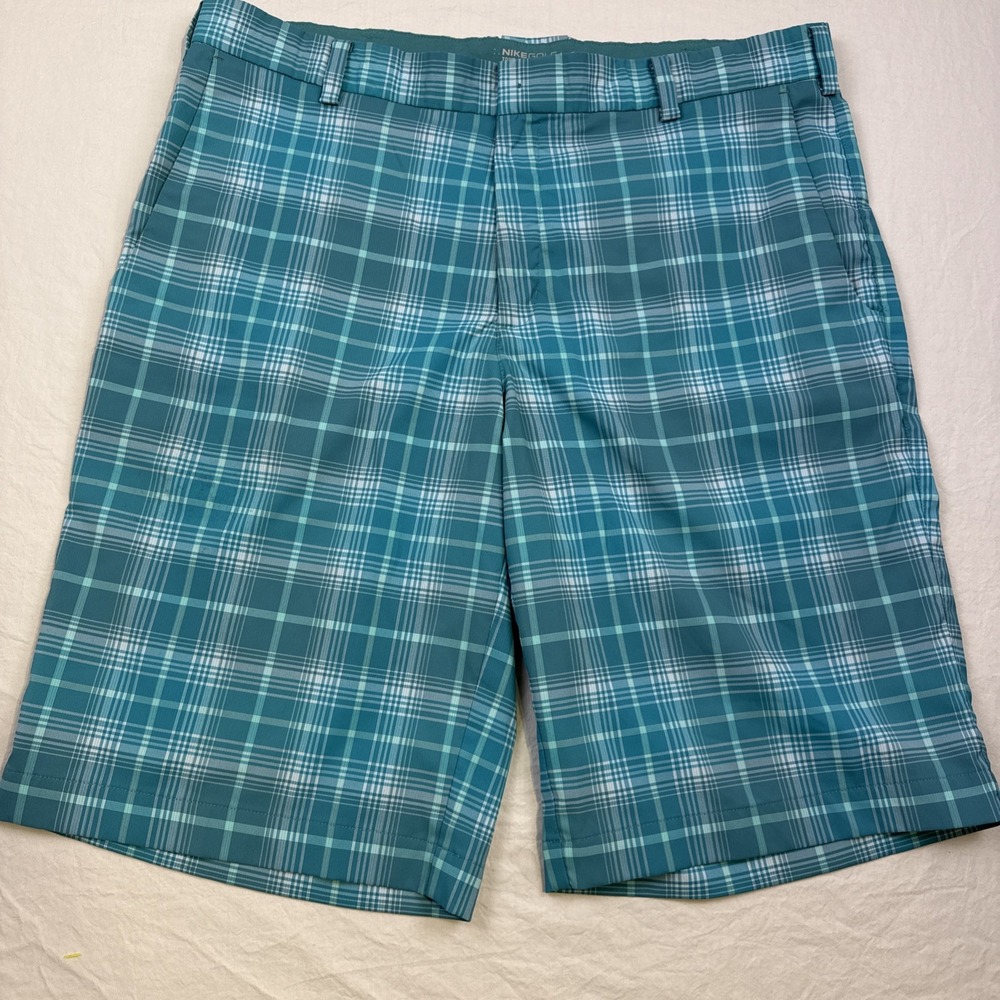 Nike Shorts Mens 36 TEAL BLUE Plaid Dri Fit Tour Performance Golf Casual PREPPY